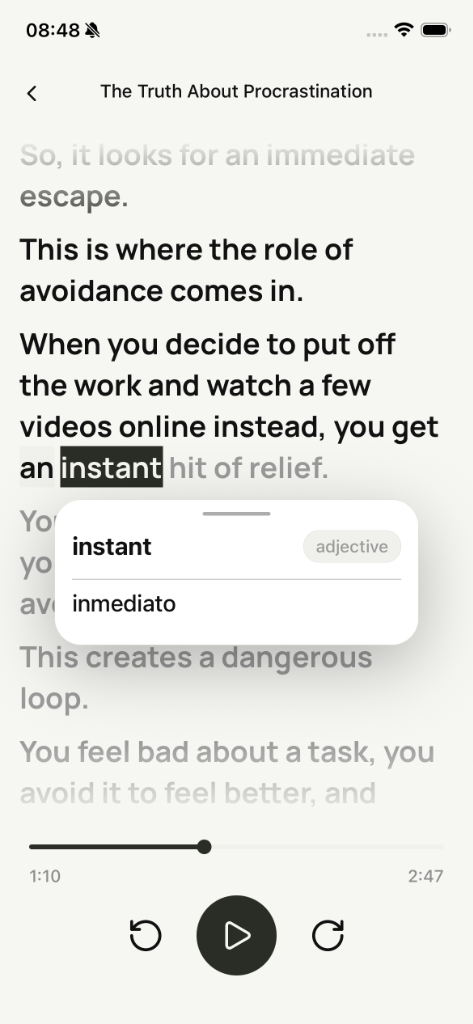 InputFlow App Interface: Interactive text reading with built-in instant translator and audio controls